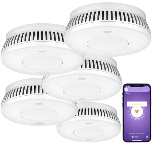 VisorTech Rauchmelder WLAN-Sets: 5er-Set WLAN-Rauchwarnmelder, integr. 10-Jahres-Batterie, 85 dB, App (Brandmelder 10 Jahre, Rauchsensor, Tablet Halterung)
