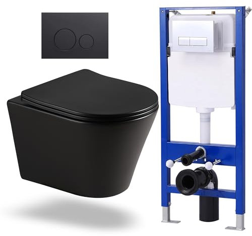 HOROW Set completo da parete per WC con abbassamento automatico + cassetta di risciacquo a incasso + piastra di pressione rotonda nero