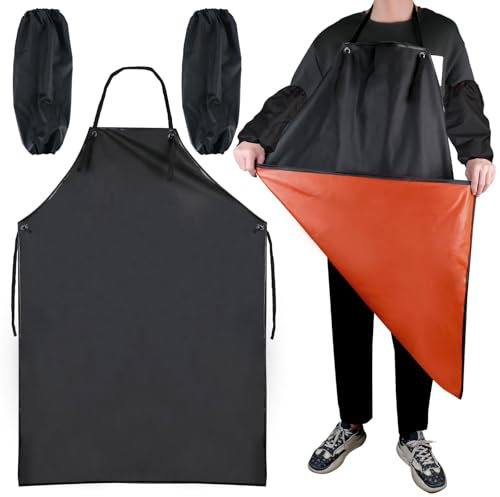 elthmpr Schürze Herren - Metzgerschürze Wasserdichte Schürzen für Männer mit 2 Ärmeln künstlicher Lederschürze Schwarzes Schürze für Geschirrspülküche Hochleistungsschürze für Chefkoch Metzcher