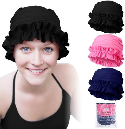 Soulchen 3 Pcs Swim Cap Women Adult with Ruffled Edges Nylon Cloth Swimming Cap for Women Bathing Hats Swim Turban Waterproof Swimming Hat(Black, Pink, Blue)