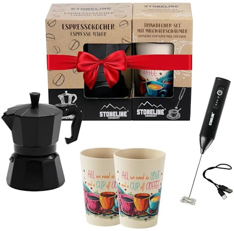 STONELINE Cafetière Moka Induction 170 ml, 4 Tasses, Cafetière Italienne en Fonte d‘Aluminium, Tous Feux dont Induction, Machine Espresso Café Expresso Set avec Gobelets & Mousseur à Lait, Noir