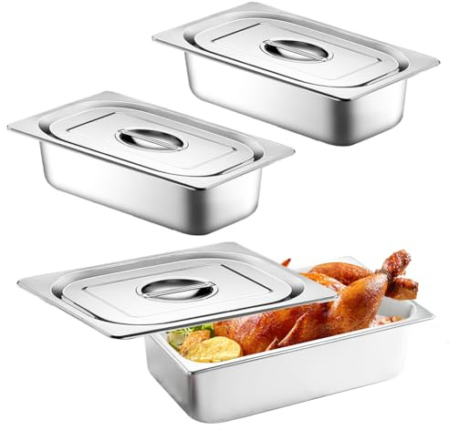 Piashow Lot de 3 Bac Inox Alimentaire Avec Couvercle, Bac Gastronorme, Boite Alimentaire Inox pour Buffet/Maintien au Chaud/Traiteur/Hôtel/Restaurant - 32,5 x 17,5 x 6,5 cm