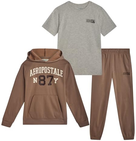 AEROPOSTALE Boys Sweatsuit Set - 3 Piece Athletic Soft Fleece Hoodie, Graphic Tee and Boys Joggers Sweatpants (Sizes: 8-12), Size 8, Taupe Gray Oatmeal