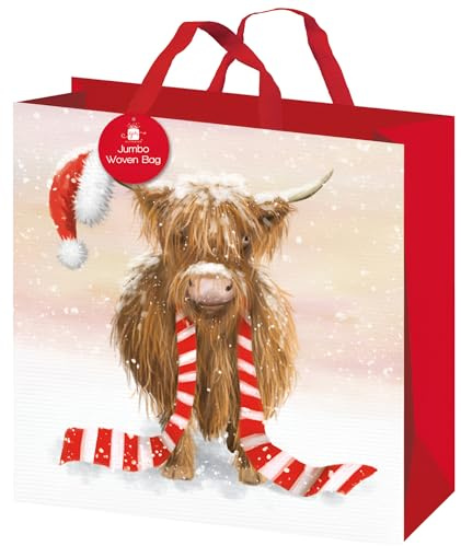Jumbo Christmas Highland Cow Shopping Tote Bag – 43cm x 44cm x 18cm Strong Reusable Gift Bag – Woven Carry Bags with Red Handles – Festive Present Bags for Christmas Shopping & Gifting