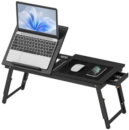 HOMCOM Table de lit Pliable et réglable, Plateau pour Ordinateur Portable avec Plateau inclinable, tiroir, Bureau de lit en Bambou, 83,5l x 33P x 23,5-34H cm, Noir
