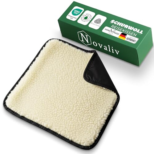 Novaliv Reisekissen 37 x 37 cm Natur, faltbar/rollbar, Schurwolle Oben, Wasserabweisende Polyamid-Unterseite, warm & atmungsaktiv, leicht & kompakt, Handgepäck, Sitzkissen Reise, Stadion, Parkbank