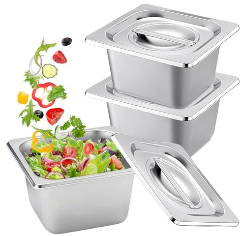 BYZESTY Set 3-delat GN-behållare 1/6 rostfritt stål med lock, höjd 10 cm, Gastro-behållare för livsmedelsförvaring, ångning eller som insats i chafing dish