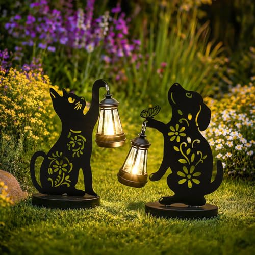 GIGALUMI Iron Dog Cat Statue Garden Ornaments Outdoor with Solar Lights