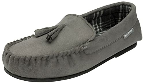 DUNLOP Mens Duke Moccasin Slippers Loafers Faux Suede Soft Faux Fur Lining with Outdoor Sole (10 UK, Grey Check)