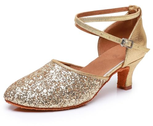 Rosefinch Zapatos de Baile Latino para Mujer Salsa Bachata Salón de Baile Zapatos de Baile de Rendimiento Profesional Oro 5cm Tacón 38EU