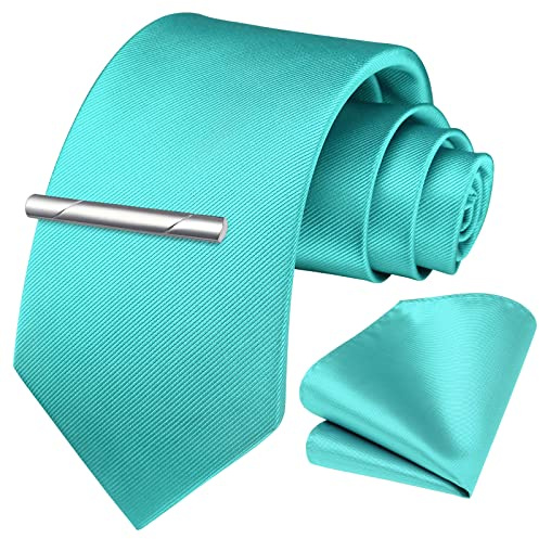 HISDERN Cravate de mariage et pochette de costume de couleur unie turquoise, ensemble de pinces à cravate classiques pour hommes - Plusieurs couleurs