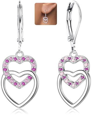 LOLIAS Boucle d'oreille Coeur Argent Sterling 925 pour Femmes Filles Créoles Boucles d'oreilles Pendantes Zircone Cubique Multicolore Boucles d'oreilles Hypoallergéniques Double Cœur Huggie