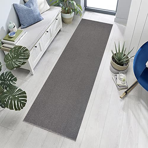 Jimri Teppich Läufer - Maschinengefertigter Kurzflor Läufer für Büro, Wohnzimmer, Schlafzimmer, Flur usw., Premium Polypropylen-Gewebe mit weicher Filzunterlage, Größe: 80x250 cm, Hellgrau
