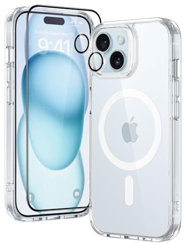 ESR Set de Funda para iPhone 15 Plus, 1 Protector Pantalla de Cristal Templado, 1 Set Protectores Lentes, Funda MagSafe Resistente Amarillamiento y Arañazos, Serie Classic, Transparente