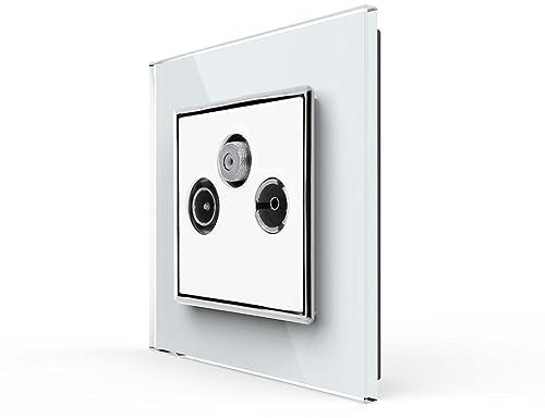 Livolo, tripla TV TV / radio FM, satellite, presa di giunzione per una presa a incasso, cavo multimediale con cornice in vetro, colore bianco