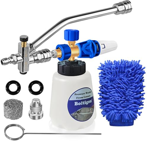 Pressure Washer Foam Cannon with Dual-Connector Tool, Pressure Washer Foam Lance Jet Wash Sprayer with M22-14 and 1/4 Inch Quick Connect, Adjustable Soap Dispenser, 1 Liter, 1/4 Double Tip Attachment