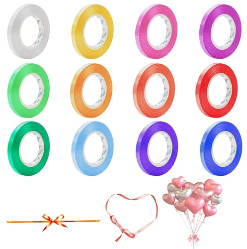 TRUEIN 12 Farben Satinband Set, 10m 5mm Schleifenband, Bänder Zum Basteln, Satin Dekoband, Geschenkband Zum Kräuseln für Geschenk Verpackung, Schleifen, Florist, Luftballon