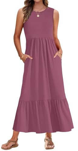 AUSELILY Summer Long Dresses for Women UK Maxi Beach Dresses Tank Top Swing Tiered Casual Dresses with Pockets Mauve XL