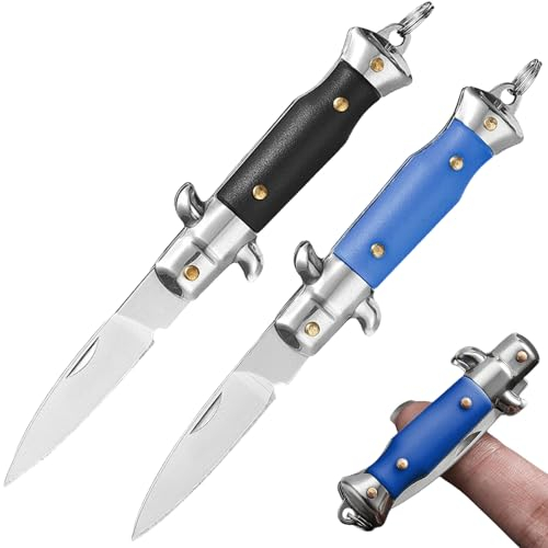 Leikurvo Klappmesser Mini Messer, 2 Stück Taschenmesser Auto Schlüsselanhänger Messer mit Lanyard-Loch, EDC Messer Überlebensmesser Geschenk für Männer Frauen,Outdoor,Camping, Notfaelle(blau+schwarz)