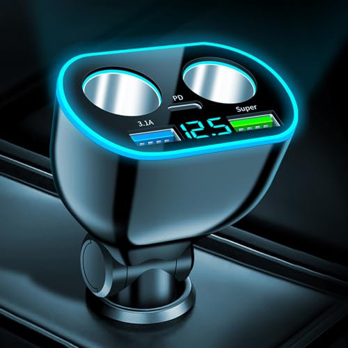 Cigarette Lighter Adapter Splitter, 120W USB C Car Charger USB Socket with 30W PD & QC 3.0 LED Voltmeter 12V/24V DC Outlet Dual Socket Lighter Extension for Phone Galaxy GPS Dashcam