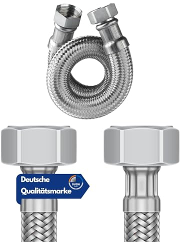 DVGW geprüfter Flexschlauch 3/8 und 1/2 inkl. Dichtungen | Anschlussschlauch Armatur | Armaturenschlauch Verlängerung | Panzerschlauch | (1/2 Zoll Überwurfmutter x 3/8 Zoll Überwurfmutter, 40 cm)