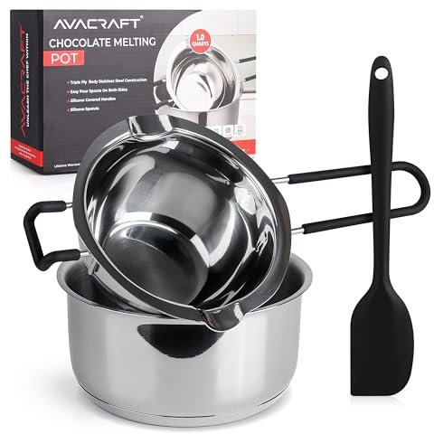 AVACRAFT Double Boiler 18/8 Stainless Steel Double Boiler Pot with Stainless Steel Pot and Silicone Spatula, Double Boiler Set for Melting Chocolate, Candy, Soap, Wax, Candle Making (1 Quart)