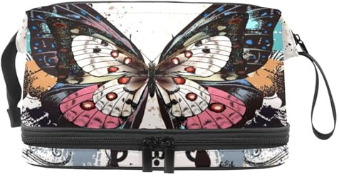 Neceser de viaje de doble capa con diseño de mariposas y manchas de tinta para mujeres y niñas, bolsa organizadora de maquillaje con compartimento para brochas, multicolor, 27x15x14 cm/10.6x5.9x5.5