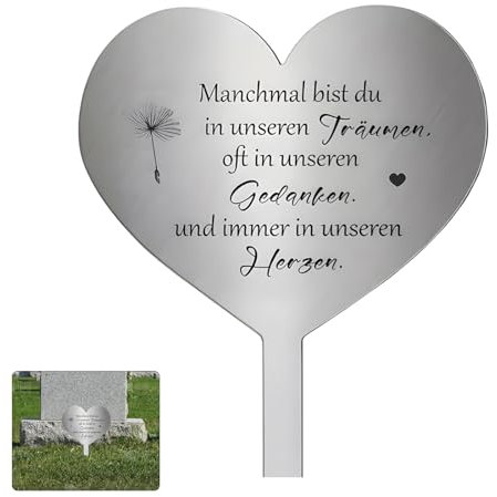 Grabschmuck Wetterfest – Grabstecker Herz aus Edelstahl – Grabdekoration mit Spruch „Manchmal bist du in unseren Träumen, oft in unseren Gedanken und immer in unseren Herzen“ – für Garten & Friedhof