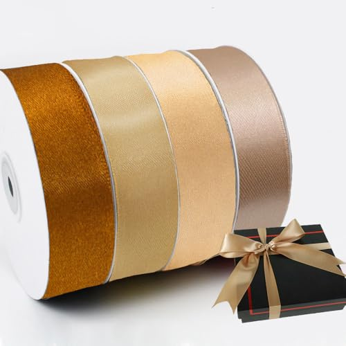 MSLSOZ Cinta de satén marrón y dorado, 22 m, 4 piezas, para ramo de boda, envoltura de regalos, lazos para el pelo, manualidades