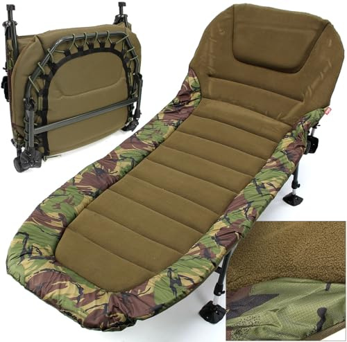 DNA Leisure Carp Fishing Bedchair – Large 208x82cm, 6 Adjustable Legs with Mud Feet, Flat Put Padded Camo Mattress, Comfortable Built in Pillow, Also Ideal for Camping