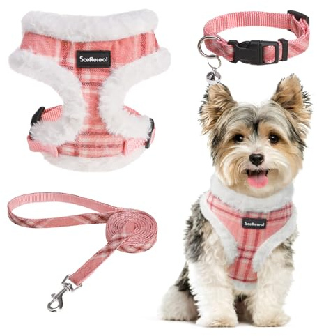 SCENEREAL Small Dog Harness Collar and Leash Set, Mesh Plush No Pull Puppy Vest Harness, Warm Fleece No Chock Small Pet Halter for Outdoor Walking Training, Pink Plaid S