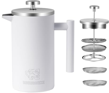 Brewbreeze French Press Set I Kaffeebereiter, Thermo, Kaffeepresse, für Filterkaffee, 1 Liter - 5 Tassen, doppelwandig, isoliert, Edelstahl (Mattweiß, 1 Liter)