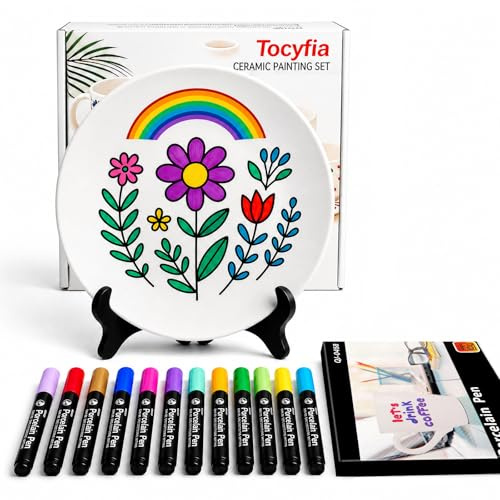 Tocyfia Juego de pintura de cerámica, lápices de porcelana aptos para lavavajillas, contiene placas, 12 lápices de colores de cerámica y 1 estante, que son muy adecuados para pintar la creación y el