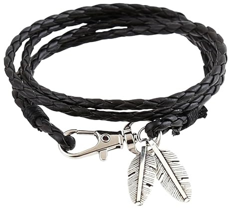 HUIANGLIYG Bracciale in Vera Pelle intrecciata Fatta A Mano da 4 Mm per Uomo, Polsino Avvolgente in Pelle intrecciata Multistrato con Ciondolo A Forma di Piuma, per Coppia, Gioielli Dell'Amicizia, R