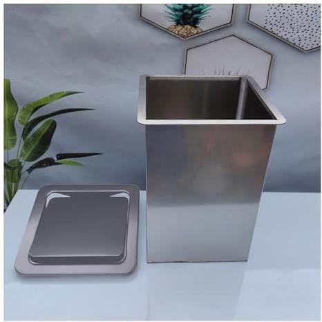 UMJIGF Built-in Square Trash Bin with Lid, Integrated Stainless Steel Garbage Can, Hidden Countertop Waste Disposal, Silver, 8.9 x 6.3 inches, Space-Saving Kitchen,Silver-8.9 * 6.3in