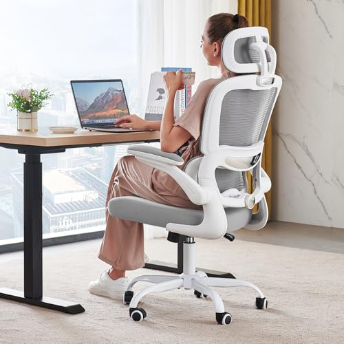 TRALT Office Chair - Ergonomic Chair - 330LBS Desk Chairs Mesh Gaming Chair - Home Office Desk Chairs Height Adjustable Executive Computer Chair with Flip-Up Arms for Long Hours Work (Grey)