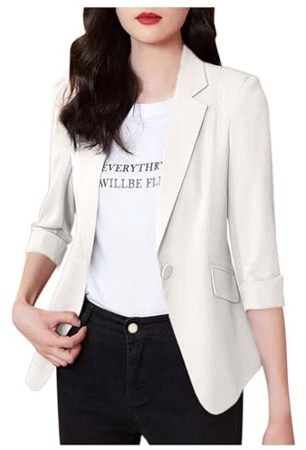 Blazer Mujer Chic Y Elegante Ligero Beige Lino Tres-Cuartos Manga Slim Chaqueta Sastre Top para Mujer, blanco, M