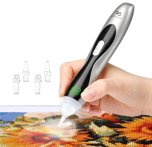PP OPOUNT Elektrischer Diamond Painting Stift Silber mit LED Licht & Display, 3 Saugstufen, Kabellos & Wiederaufladbar, Leiser Vacuum Stift, Ergonomisches Diamond Painting Zubehör für Erwachsene