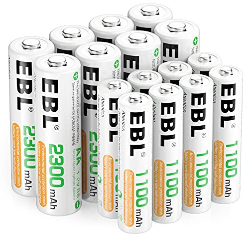 EBL Lot de 16PCS Piles Rechargeables AA et AAA, avec 8PCS AA HR6 et 8PCS AAA HR03 Piles Rechargeables Ni-MH 1.2V, Compatible avec Manette de Jeu, Jouet, Télécommande, etc.