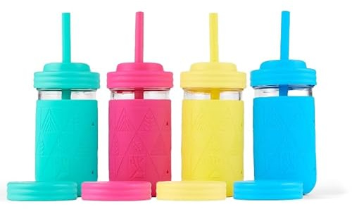Elk and Friends Kids + Toddler Glass Cups | The Original 12oz Glass Mason Jar with Sleeves + Lids | Silicone Straws + Stopper | Smoothie Cup | Food Storage | Spill Resistant | Dishwasher Safe | 4 Pack