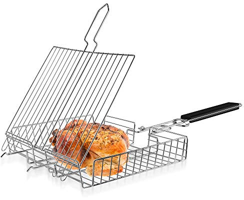 Manfore Grillkorb Fischbräter, Edelstahl BBQ Grillroste Grillzubehör, Tragbar Gemüsekorb Fischhalter mit Abnehmbar Griff, für Fisch, Gemüse, Shrimps, Steak, 31x25cm