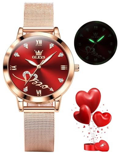 OLEVS Ladies Watches Rose Gold Mesh Strap Fashion Dress Japanese Quartz Waterproof Luminous Female Watches for Women Bracelet Sets