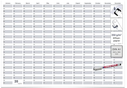 Gigatime din A1 Dauerkalender, Geburtstagskalender Format 84,0 x 59,4 cm mit Marker dauerhaft wiederverwendbar, Jahresplaner abwischbar - englische Sprache
