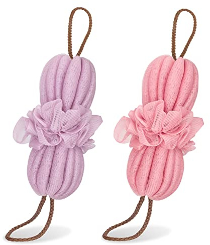Toplive 2Pcs Bath Shower Loofah Sponge,Long Stretch Back Sponge Exfoliating Back Scrubber for Shower for Women and Men-Pink+Purple