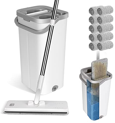 Masthome Juego de Fregona y Cubo con Escurridor,Mopa Fregona Plana Profesional con Mango de Acero Inoxidable y 5 Paños de Repuesto de Microfibra, Mopas de Limpieza Suelos para mármol, Madera Dura