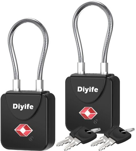Diyife TSA Luggage Locks 2 Pack - High Security Suitcase Padlocks with 4 Keys Total, Flexible Long Shackle Travel Lock for Suitcases, Bags & Cases (Black)