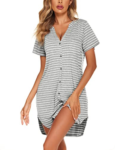 Ekouaer Nuisette Femme Sexy Vêtement de Nuit Col en V avec Chemise de Nuit Femme Bouton Ete à Manches Courtes, S-XXL