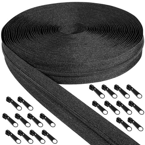 Endlos Reissverschluss Schwarz mit Zipper, 5mm 10m Nylon Endlosreißverschluss Meterware und 20 Schwarz Zipper aus Metall für Kleidung Tasche Mäppchen Bettwäsche
