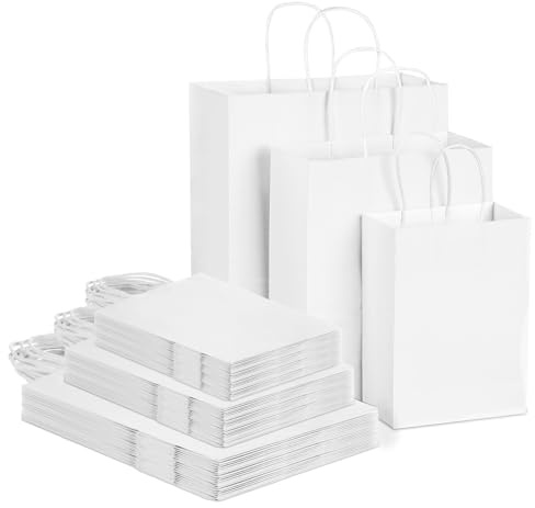 45pcs White Kraft Paper Bags With Handles - Mixed Size Gift Bags for Business, Shopping, Retail, Party, Favor, Merchandise (White)