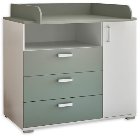 MITOS Praktische Baby Wickelkommode inkl. Wickelaufsatz in Weiß/Salbei - Vielseitiger Wickeltisch mit viel Stauraum - 110 x 103 x 78 cm (B/H/T)